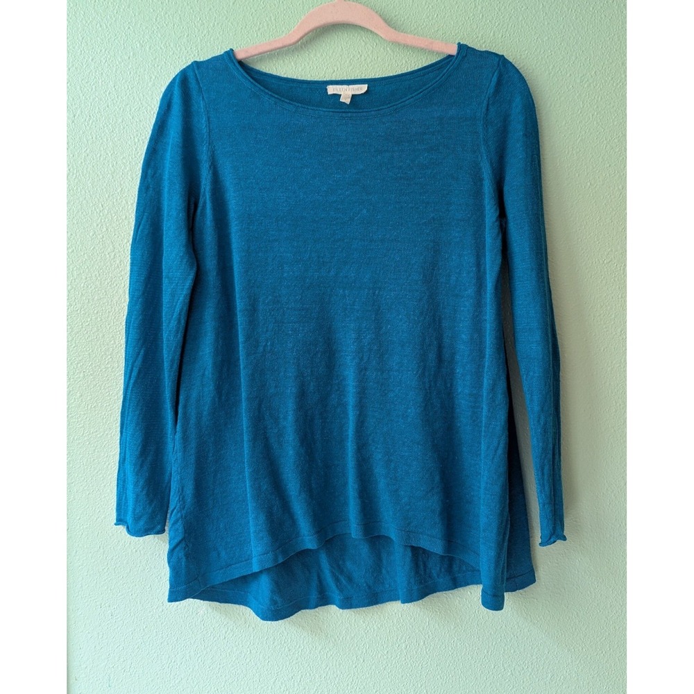 Eileen Fisher Organic Linen Long Sleeve Tunic Teal Blue Lagenlook Small